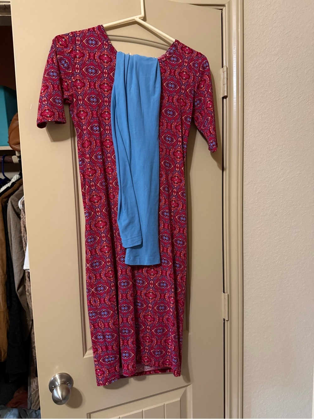 Red & Blue Patterned Midi Dress with Scoop Neck